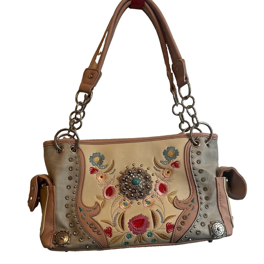 Zelris Berry Concho Western Hand Bag Turquoise Floral-Embroidered Cream Pink